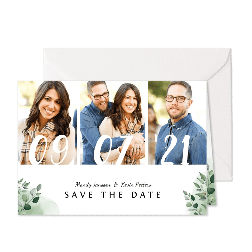 Trouwkaart save the date botanisch met datum en eigen foto's - Kaartimpressie