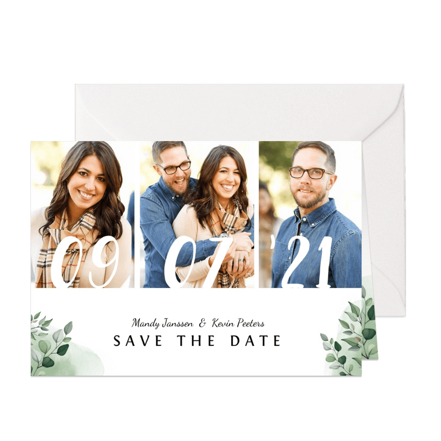 Trouwkaart save the date botanisch met datum en eigen foto's - Kaartimpressie