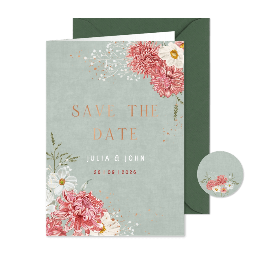 Trouwkaart save the date dahliabloemen en herfstanemoon  - Kaartimpressie