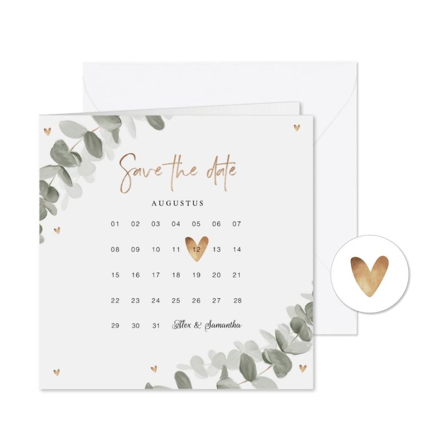 Trouwkaart save the date eucalyptus goud hartjes - Kaartimpressie