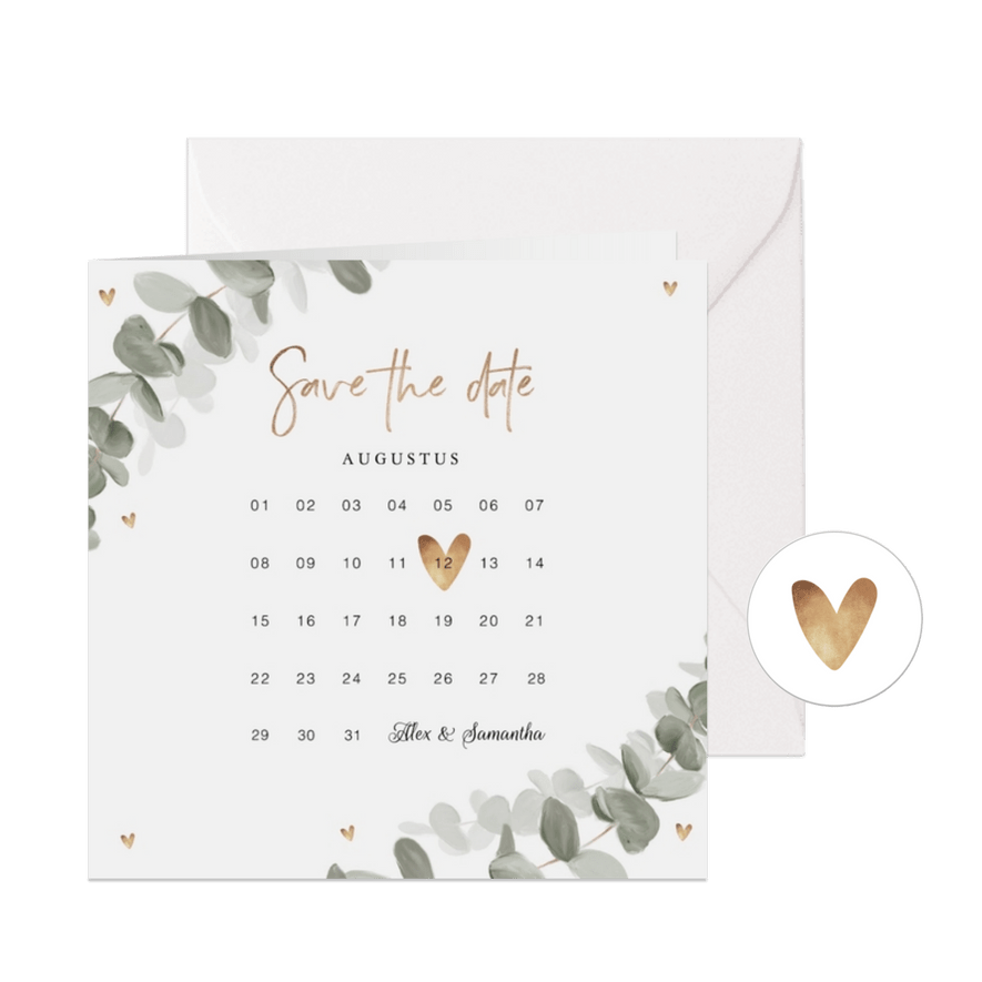 Trouwkaart save the date eucalyptus goud hartjes - Kaartimpressie