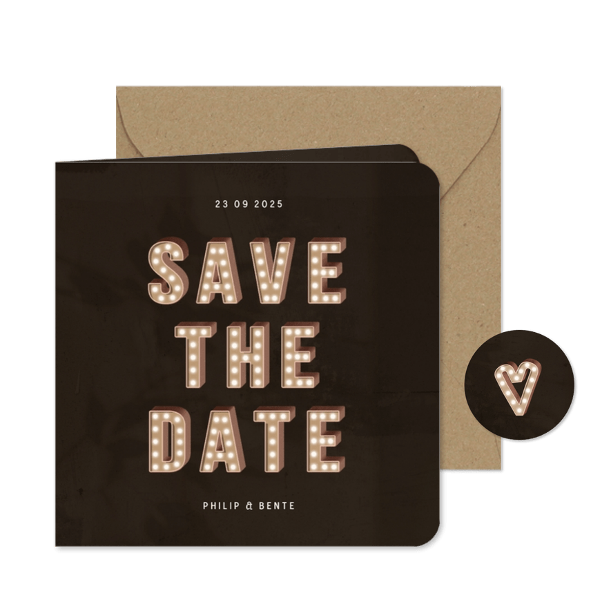 Trouwkaart save the date festival letters met licht - Kaartimpressie