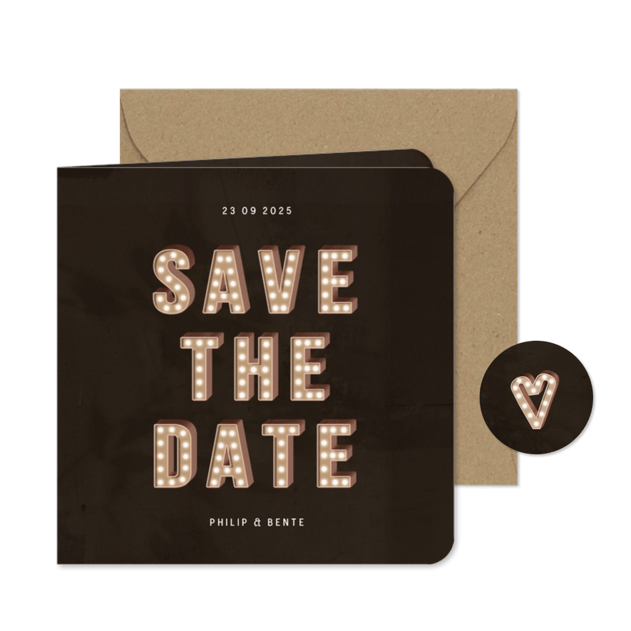 Trouwkaart save the date festival letters met licht  - Kaartimpressie