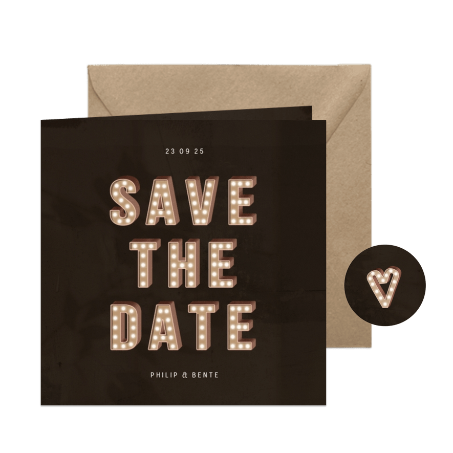 Trouwkaart save the date festival letters met licht  - Kaartimpressie