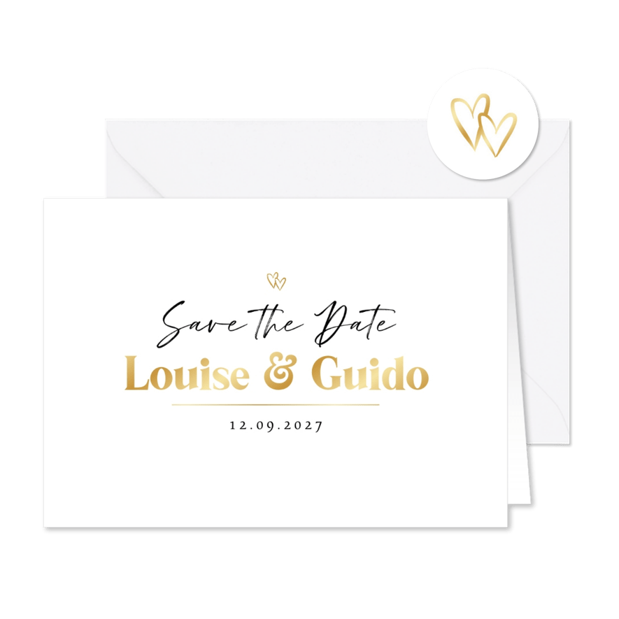 Trouwkaart save the date goud hartjes foto modern - Kaartimpressie