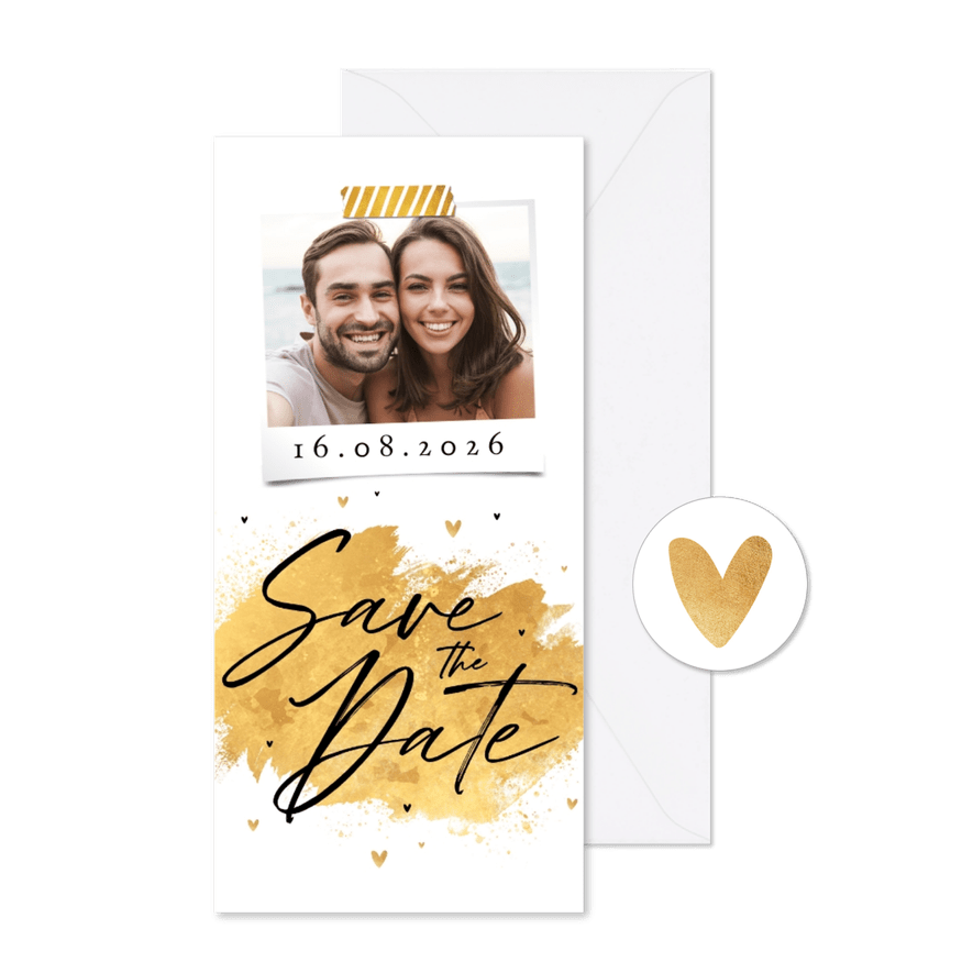 Trouwkaart Save the Date goud hartjes stijlvol foto - Kaartimpressie