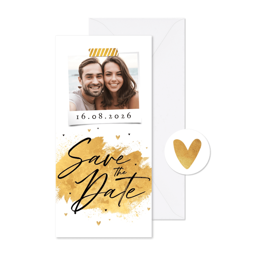 Trouwkaart Save the Date goud hartjes stijlvol foto - Kaartimpressie