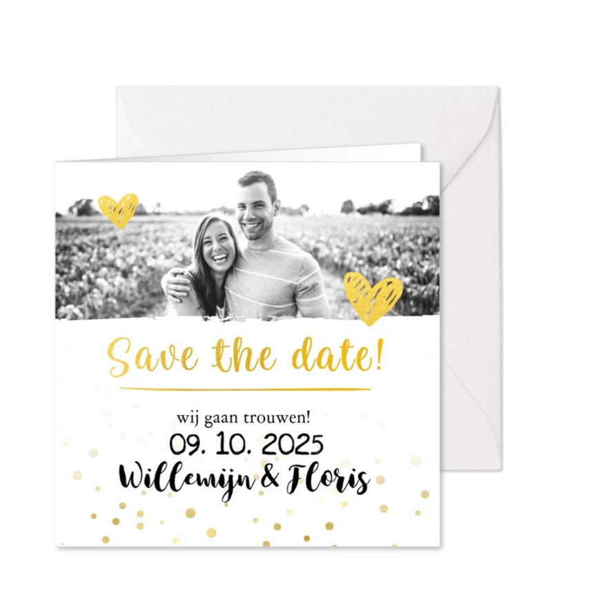 Trouwkaart save the date goud met foto - Kaartimpressie