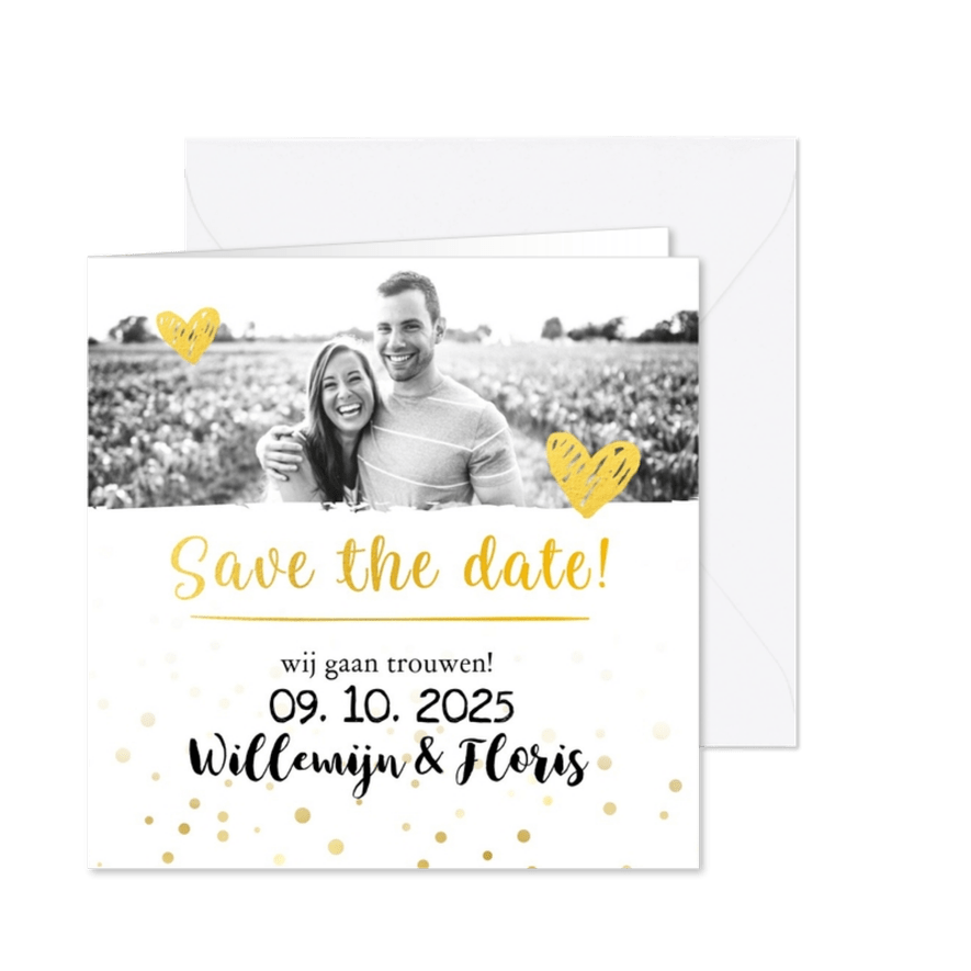 Trouwkaart save the date goud met foto - Kaartimpressie