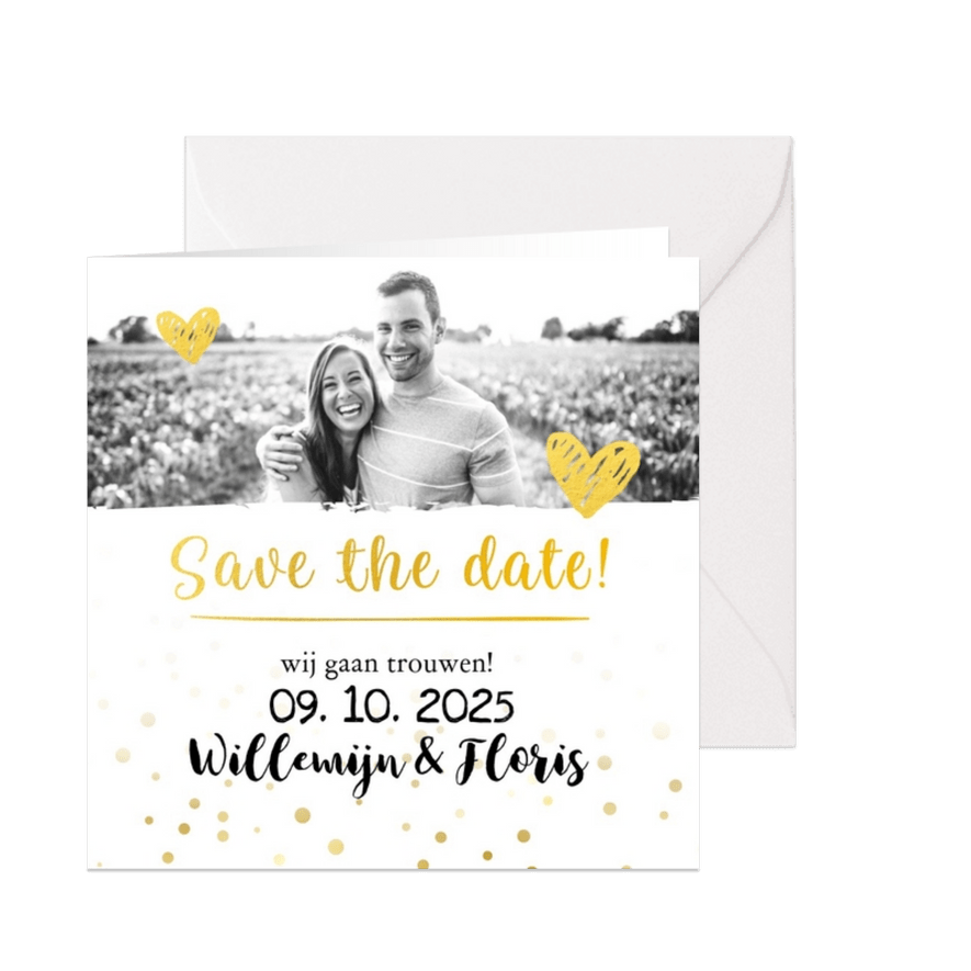 Trouwkaart save the date goud met foto - Kaartimpressie