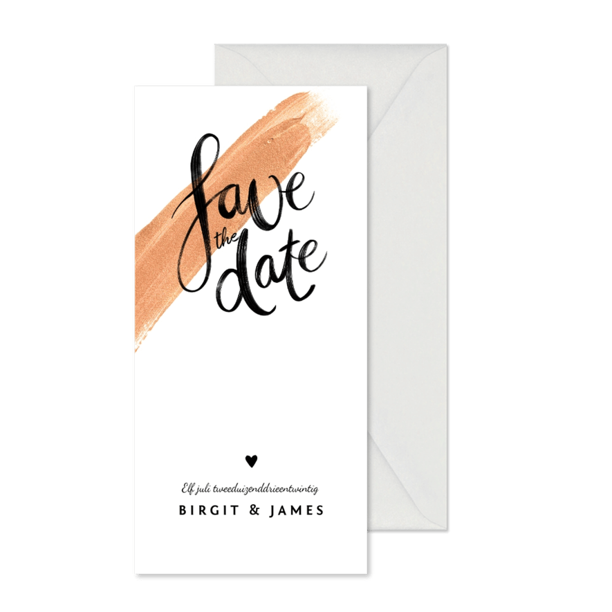 Trouwkaart Save the date goudlook met verf en kalligrafie - Kaartimpressie