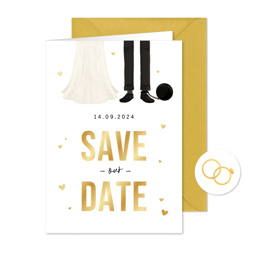 Trouwkaart save the date grappig cartoon humor hartjes goud - Kaartimpressie