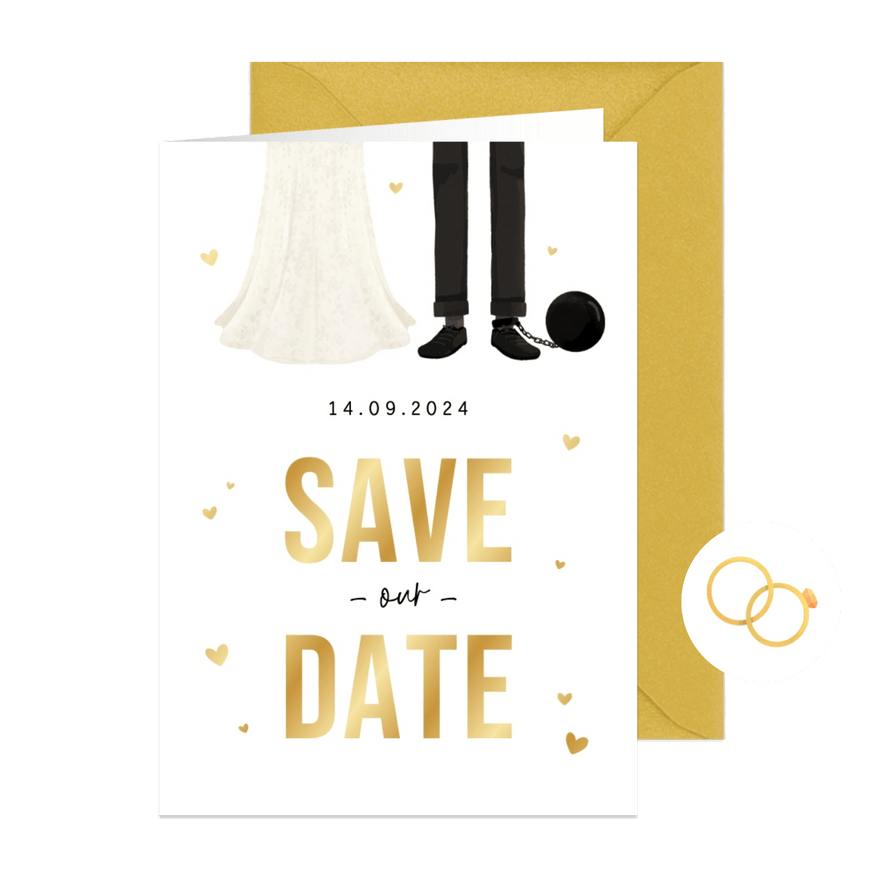 Trouwkaart save the date grappig cartoon humor hartjes goud - Kaartimpressie