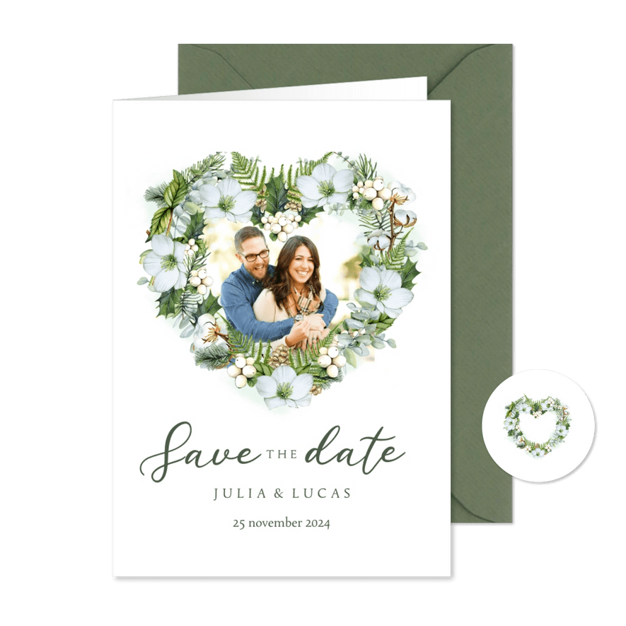 Trouwkaart save the date hart botanisch - Kaartimpressie