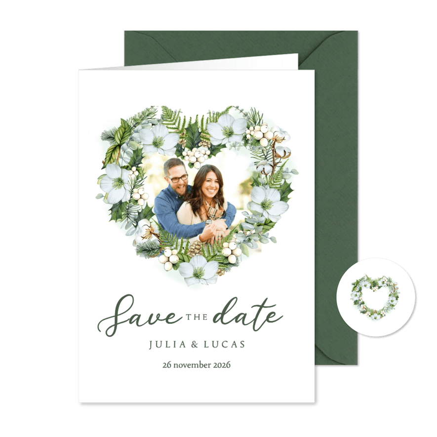 Trouwkaart save the date hart botanisch - Kaartimpressie