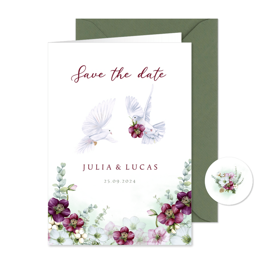 Trouwkaart Save the date helleborus eucalyptus duiven - Kaartimpressie