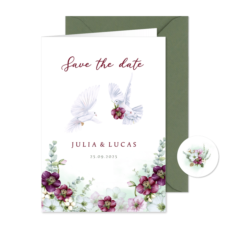 Trouwkaart Save the date helleborus eucalyptus duiven - Kaartimpressie