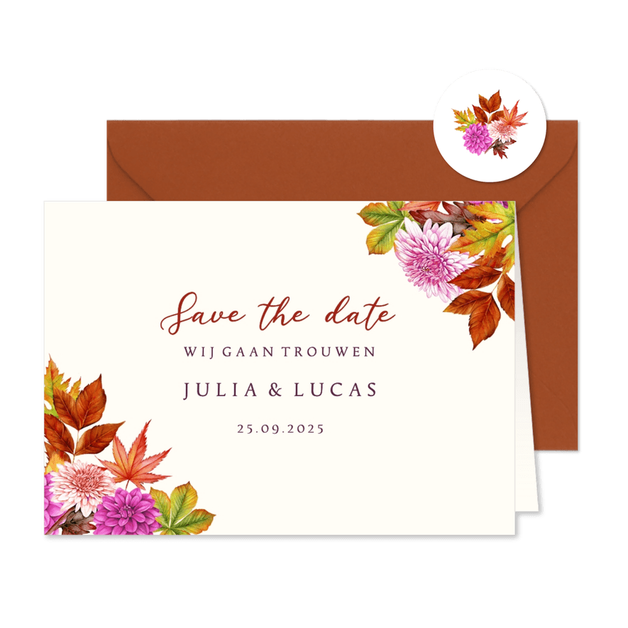 Trouwkaart save the date herfstsfeer bloemen blad - Kaartimpressie