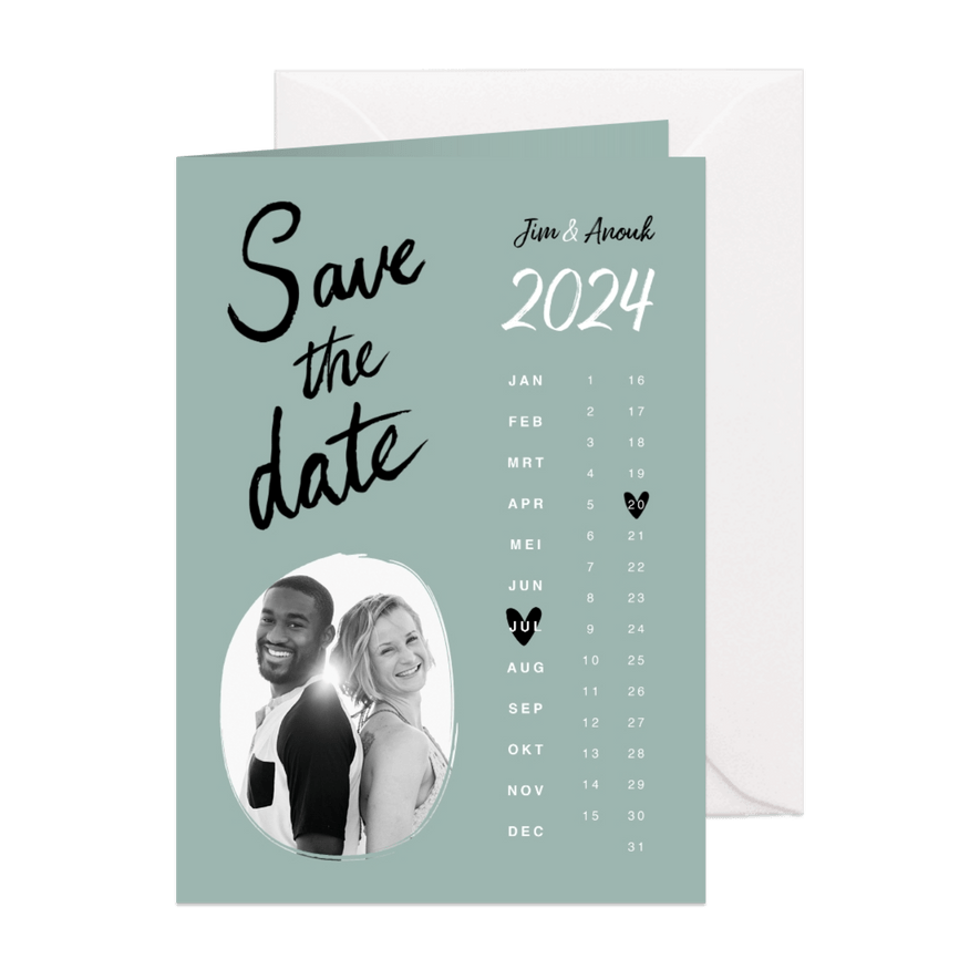 Trouwkaart save the date hip kalender hartjes - Kaartimpressie