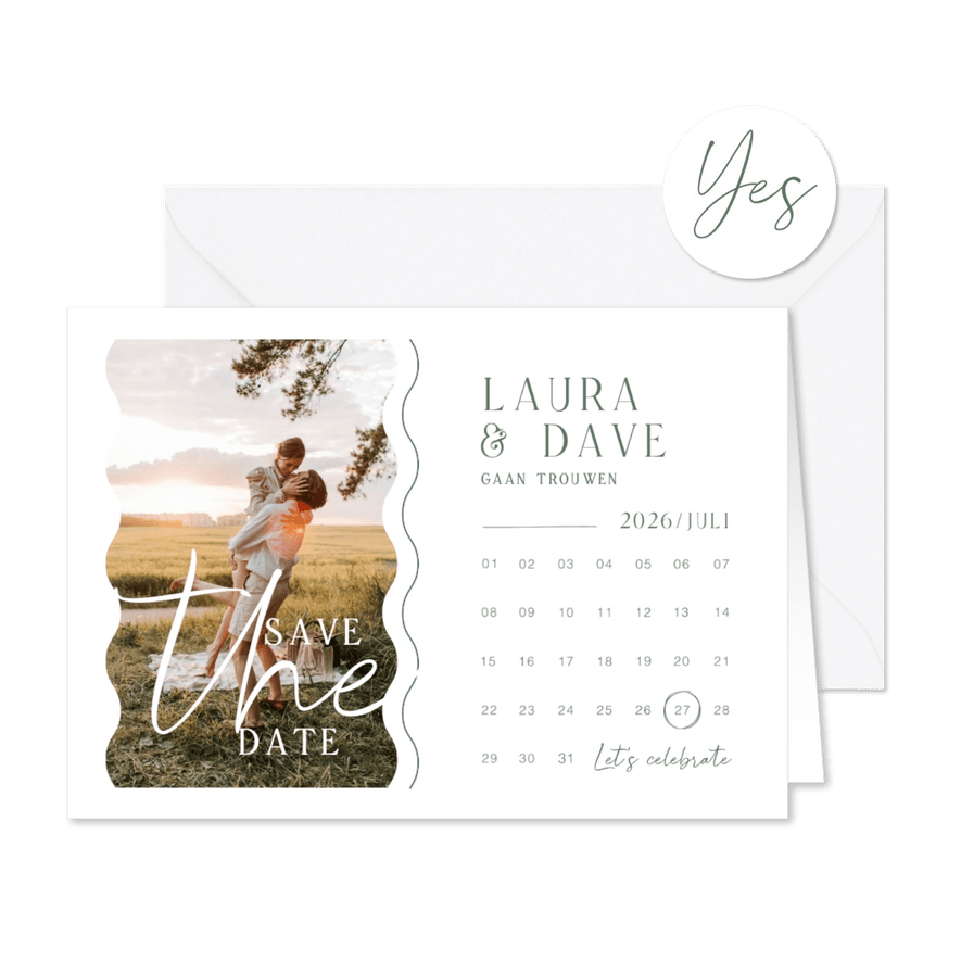 Trouwkaart save the date kalender foto grafisch golven - Kaartimpressie