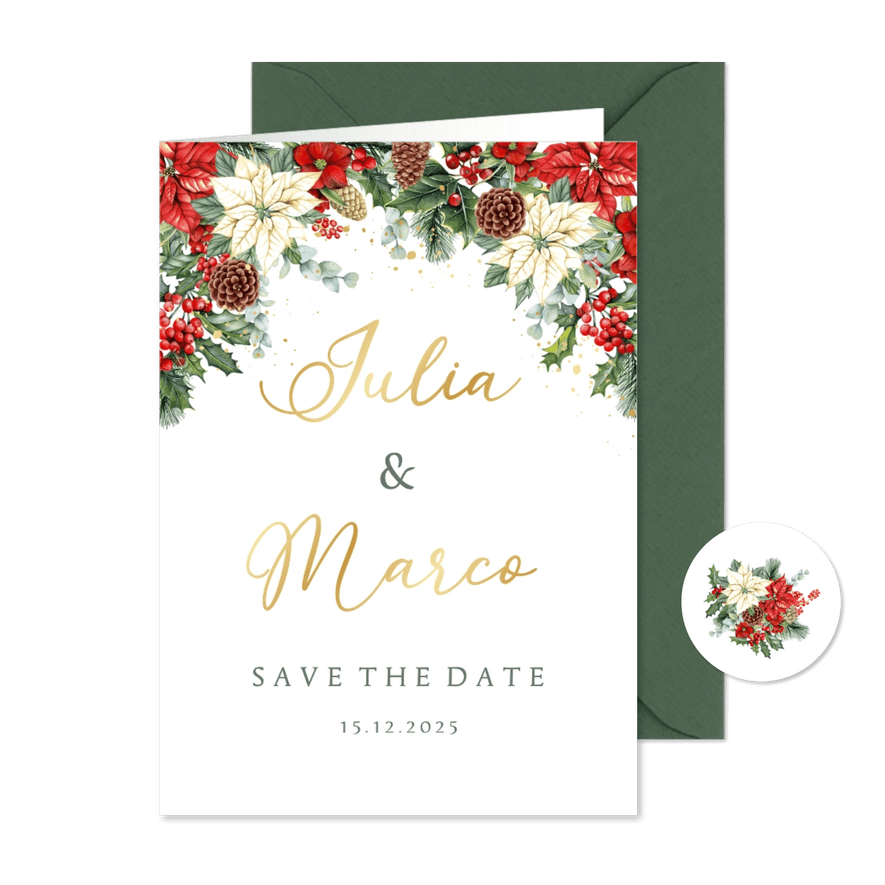 Trouwkaart save the date kerstster met kersttakken - Kaartimpressie