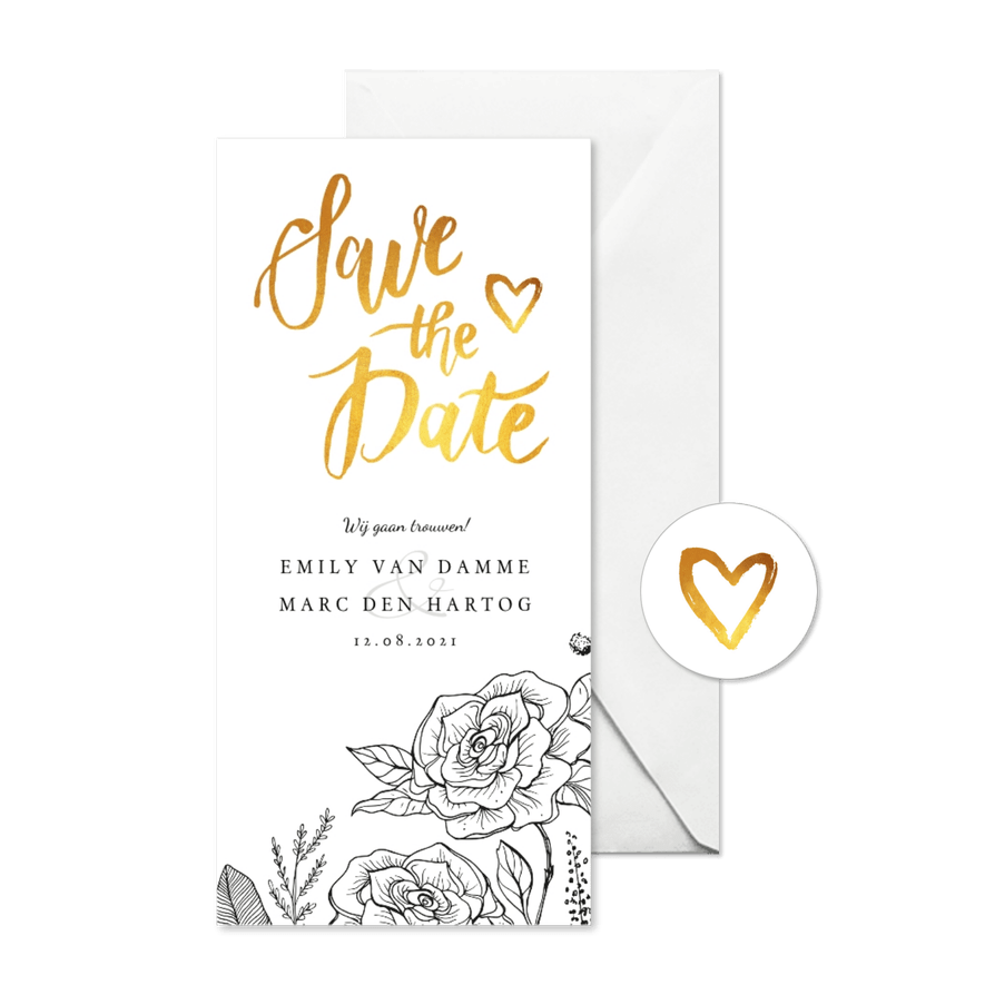 Trouwkaart save the date klassiek met bloemen en kalender - Kaartimpressie