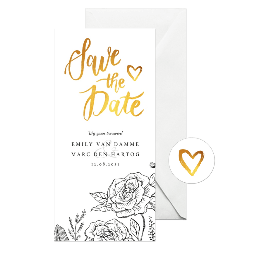 Trouwkaart save the date klassiek met bloemen en kalender - Kaartimpressie