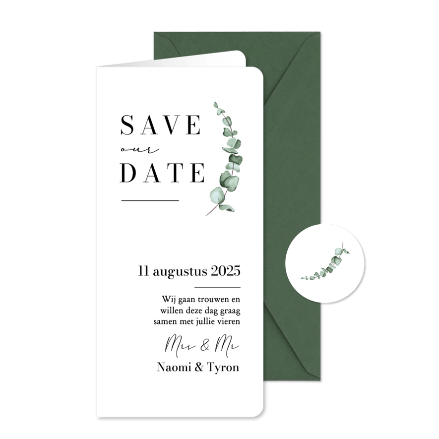 Trouwkaart save the date klassiek stijlvol eucalyptus - Kaartimpressie