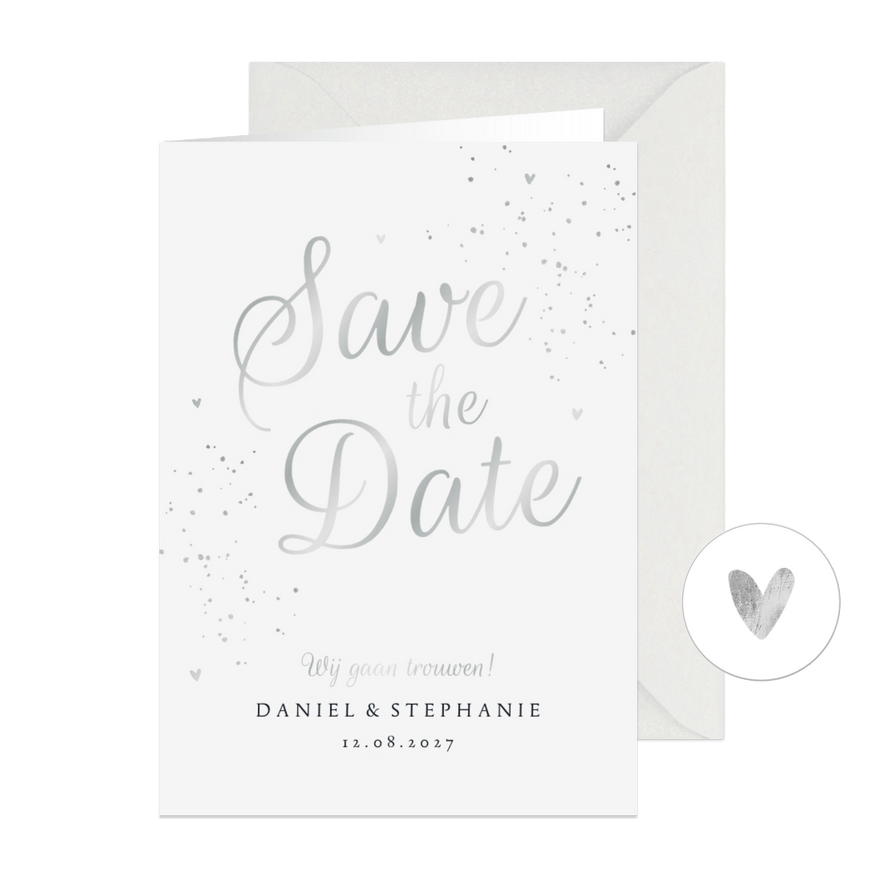 Trouwkaart save the date klassiek zilver met hartjes - Kaartimpressie