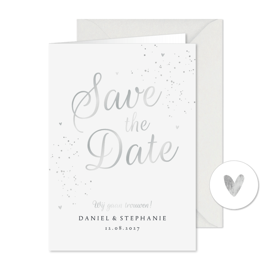 Trouwkaart save the date klassiek zilver met hartjes - Kaartimpressie