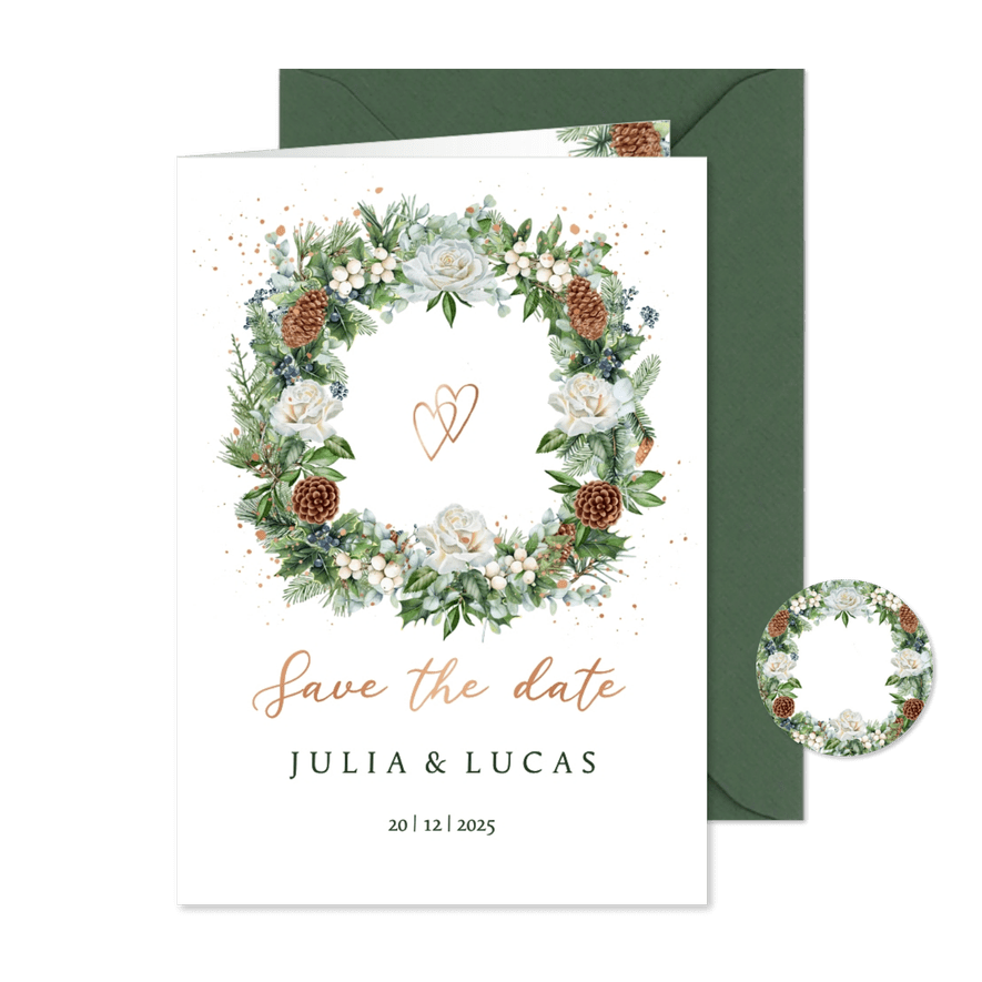 Trouwkaart save the date krans rozen met kersttakken - Kaartimpressie