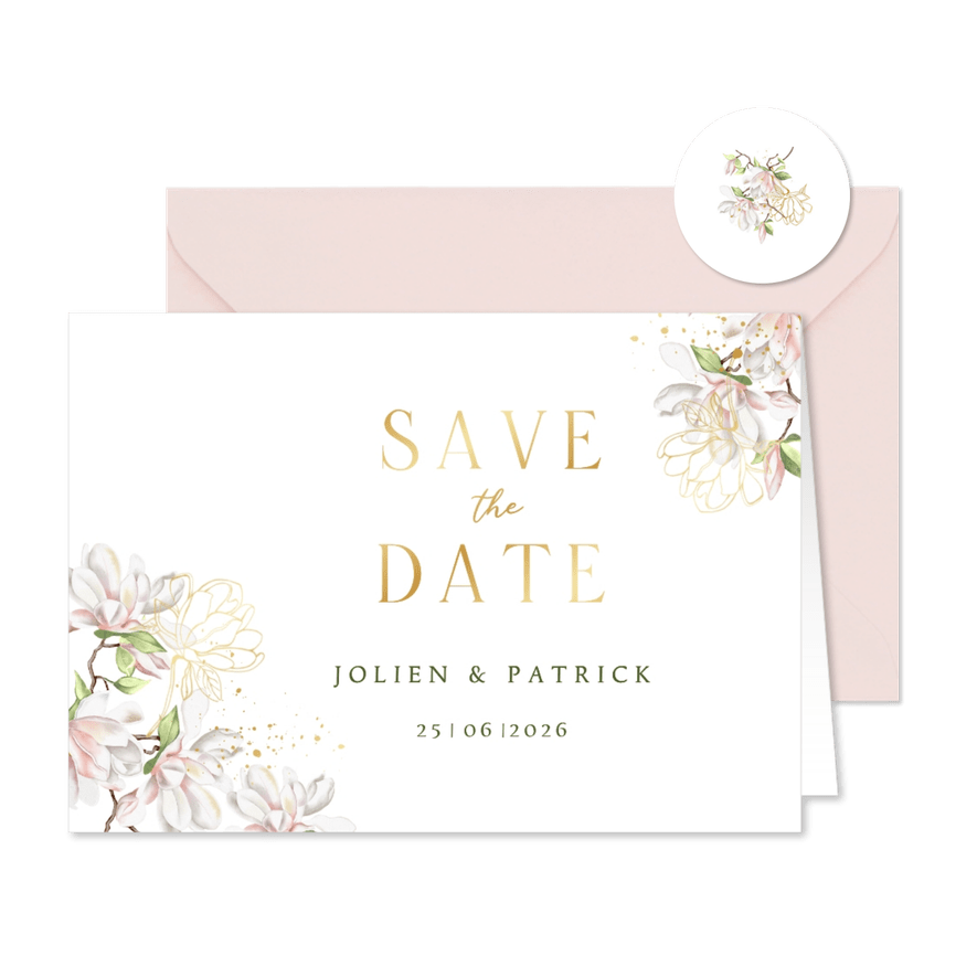 Trouwkaart save the date magnoliatakken met goudfolie - Kaartimpressie