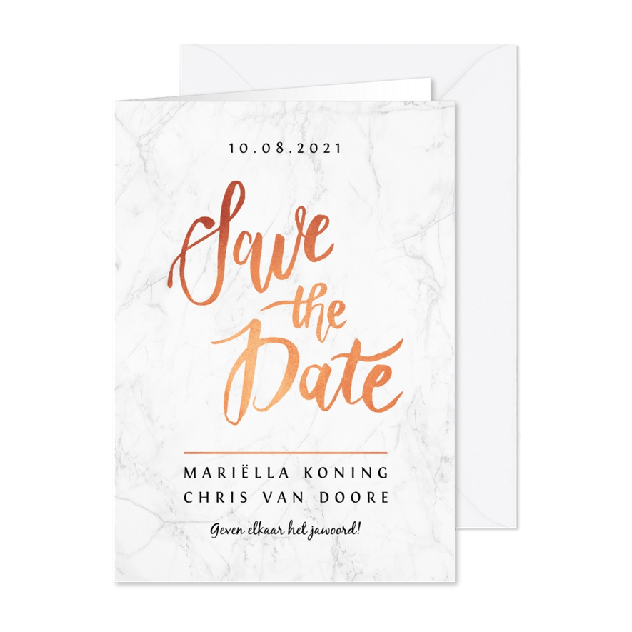 Trouwkaart save the date marmerlook met rosé goud letters - Kaartimpressie