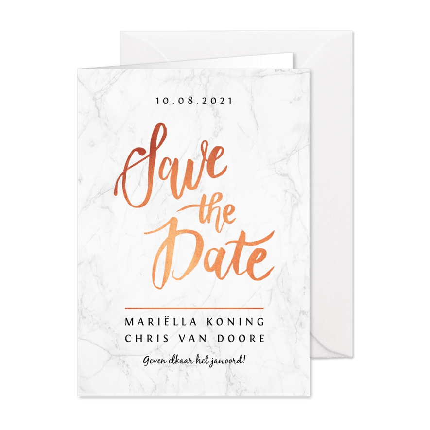 Trouwkaart save the date marmerlook met rosé goud letters - Kaartimpressie