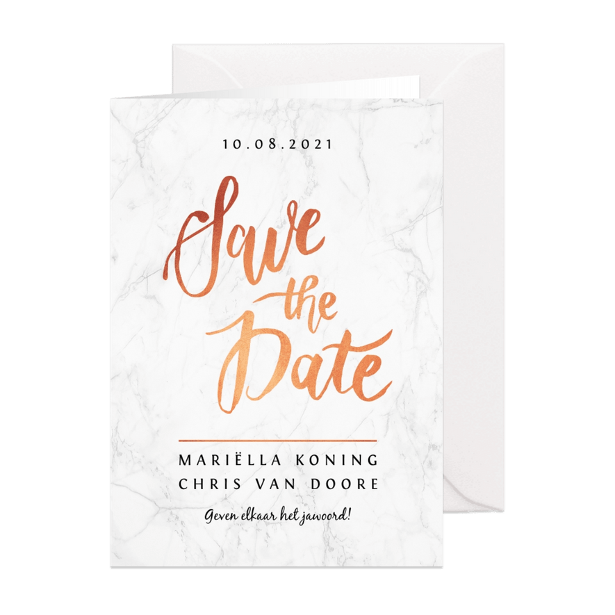 Trouwkaart save the date marmerlook met rosé goud letters - Kaartimpressie