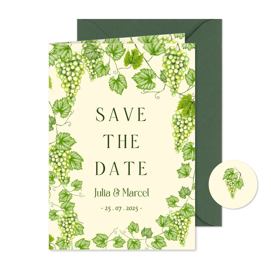 Trouwkaart save the date met groene druiven - Kaartimpressie