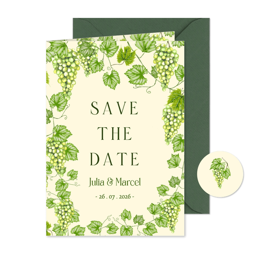 Trouwkaart save the date met groene druiven  - Kaartimpressie