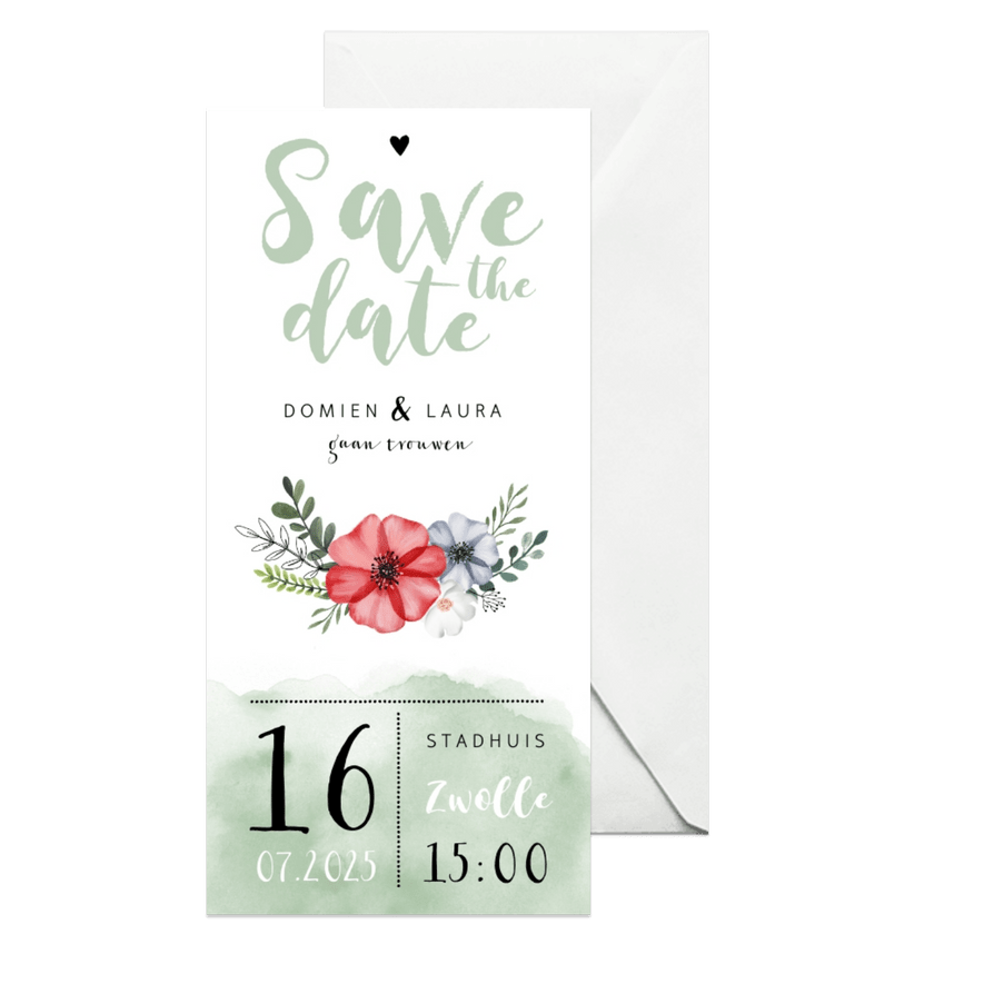 Trouwkaart Save the date met waterverf en bloemen - Kaartimpressie