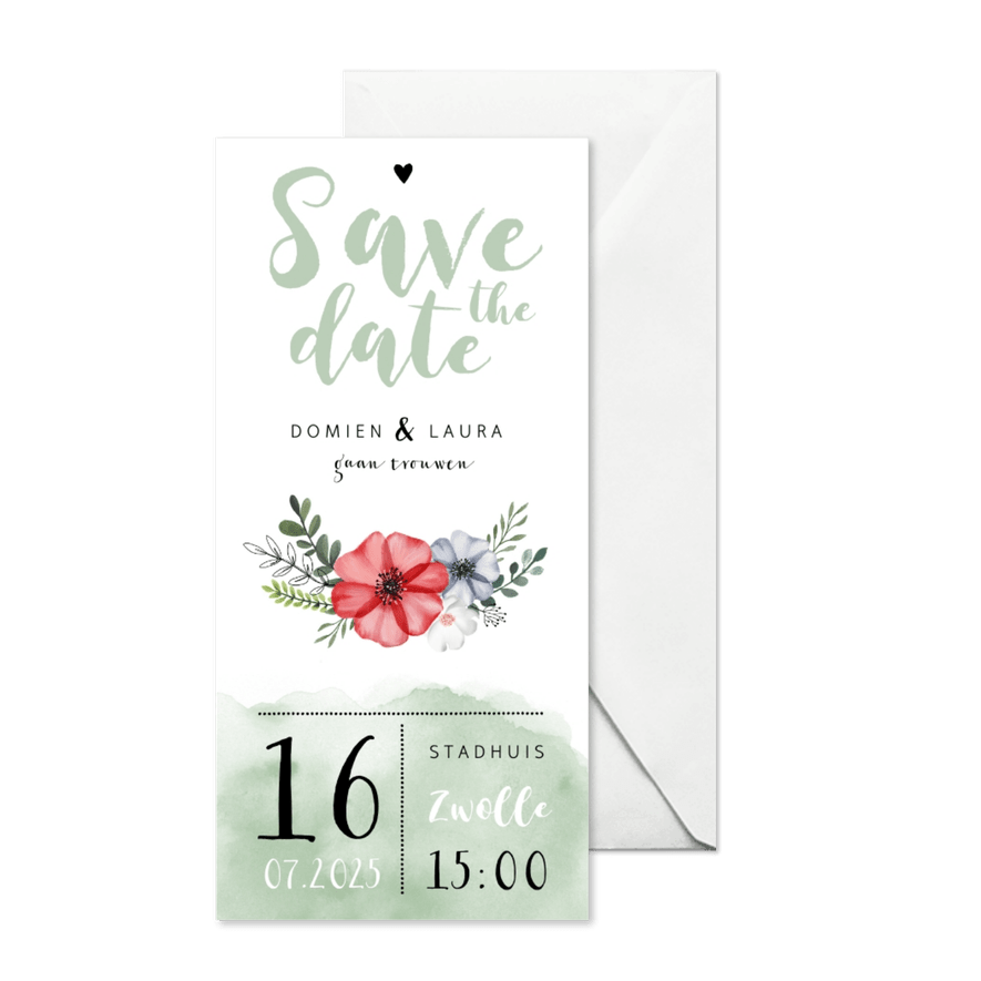 Trouwkaart Save the date met waterverf en bloemen - Kaartimpressie