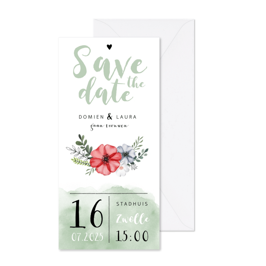 Trouwkaart Save the date met waterverf en bloemen - Kaartimpressie