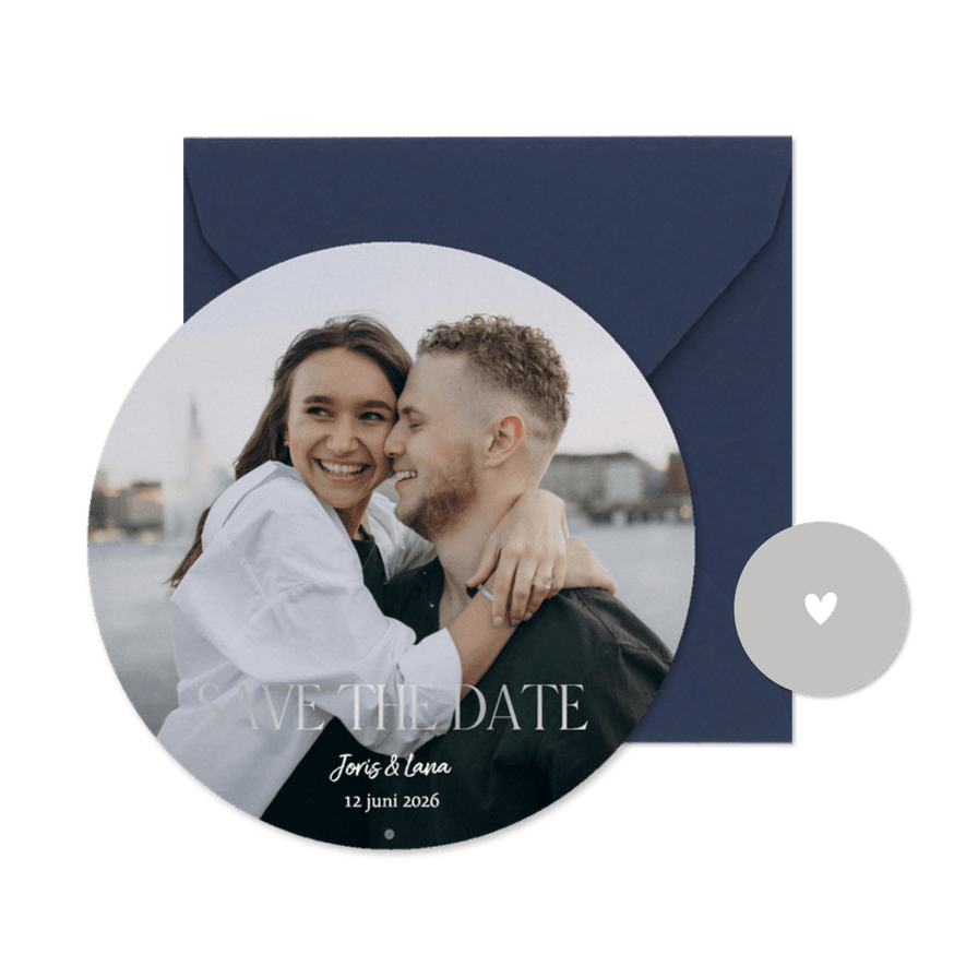 Trouwkaart save the date rond zilverfolie grote foto - Kaartimpressie