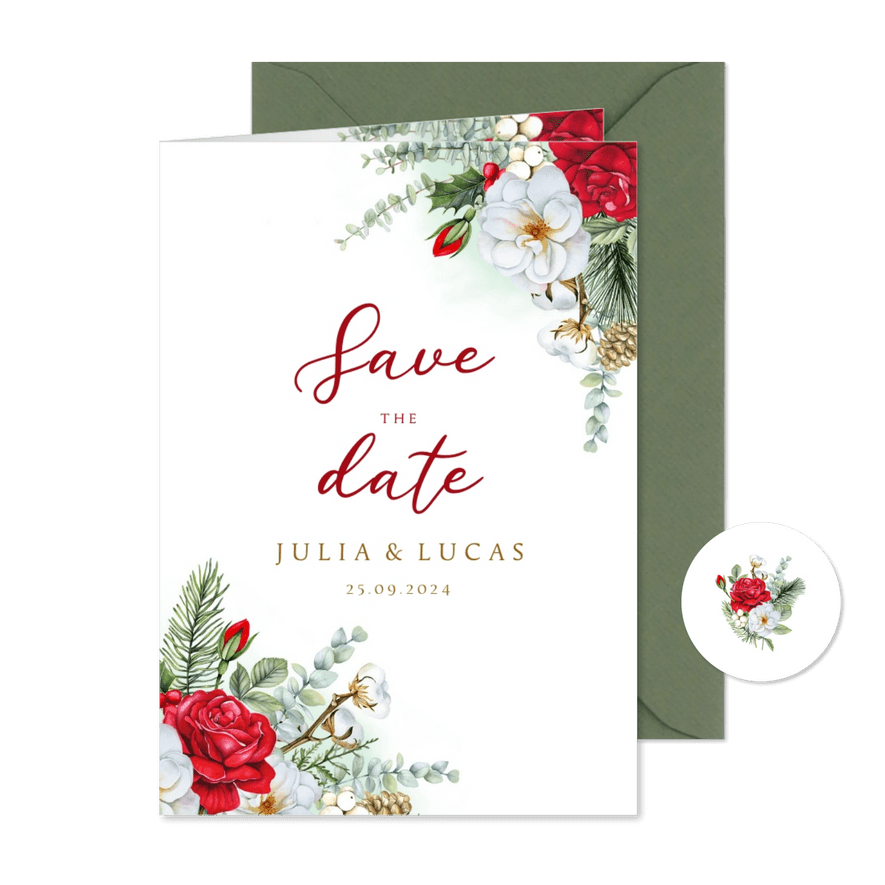 Trouwkaart Save the date rozen winter - Kaartimpressie