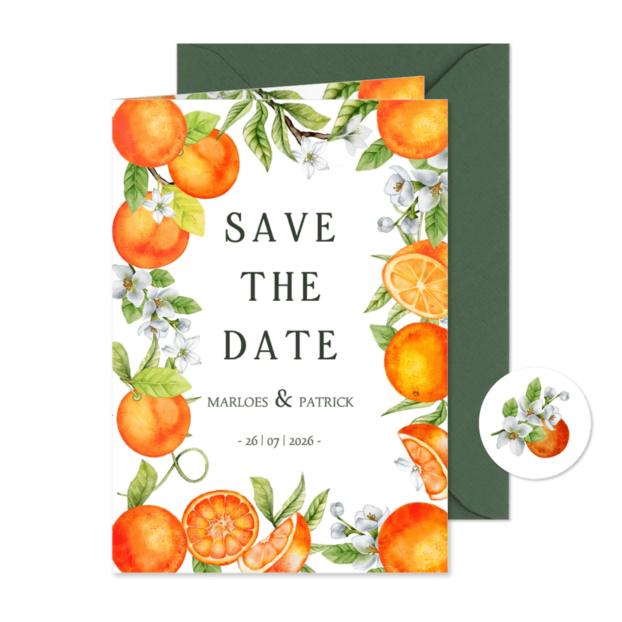 Trouwkaart save the date sinaasappels met bloesem - Kaartimpressie