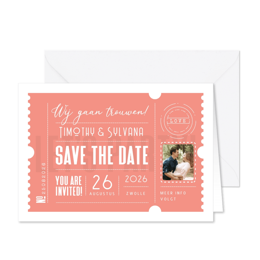 Trouwkaart save the date ticket hip modern foto zalmroze - Kaartimpressie