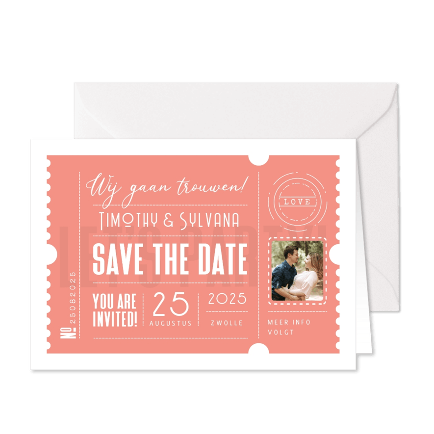 Trouwkaart save the date ticket hip modern foto zalmroze - Kaartimpressie