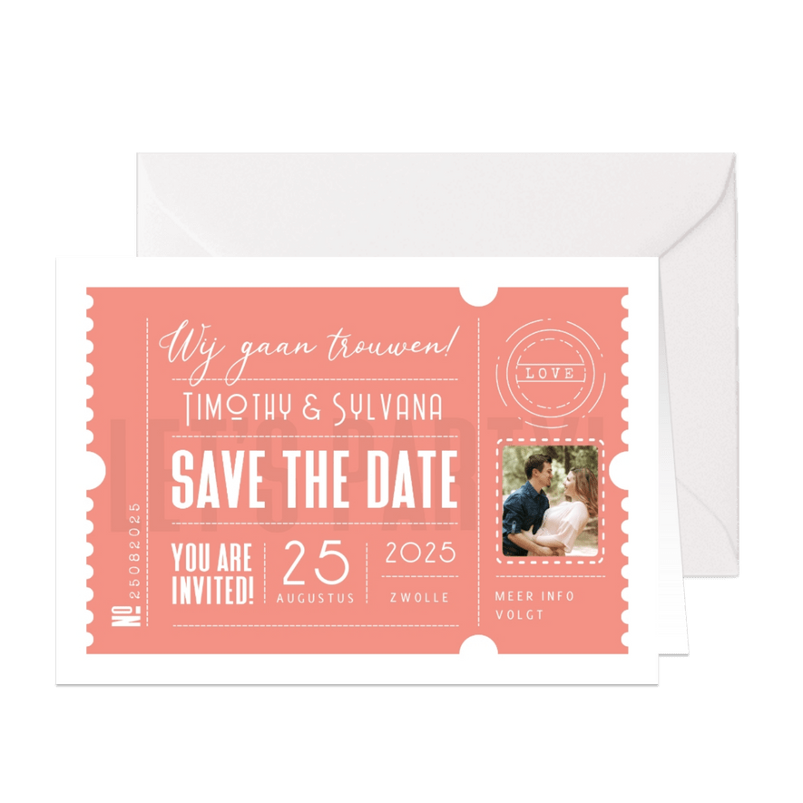 Trouwkaart save the date ticket hip modern foto zalmroze - Kaartimpressie