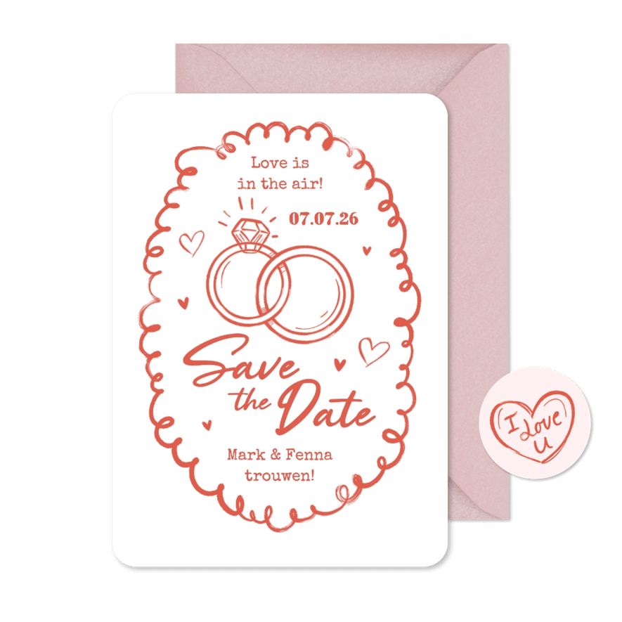 Trouwkaart save the date trouwen ringen doodle roze - Kaartimpressie