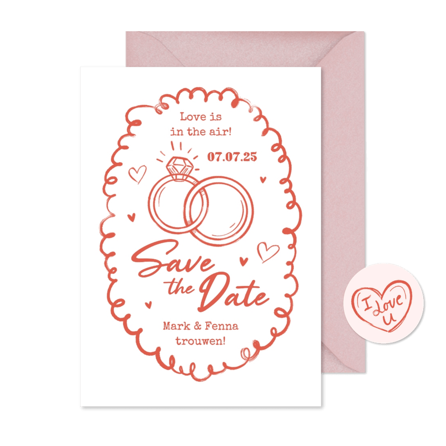Trouwkaart save the date trouwen ringen doodle roze - Kaartimpressie