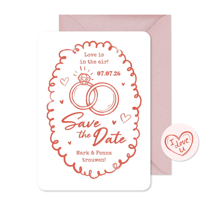 Trouwkaart save the date trouwen ringen doodle roze - Kaartimpressie