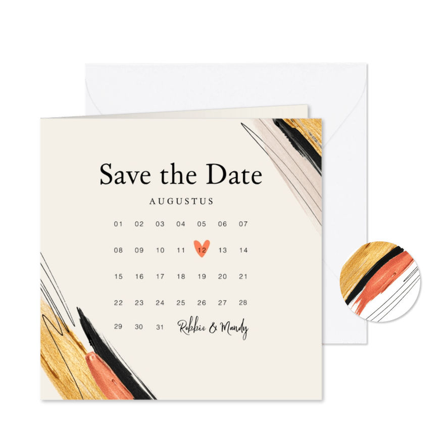 Trouwkaart save the date verf trend kalender hartje goud - Kaartimpressie